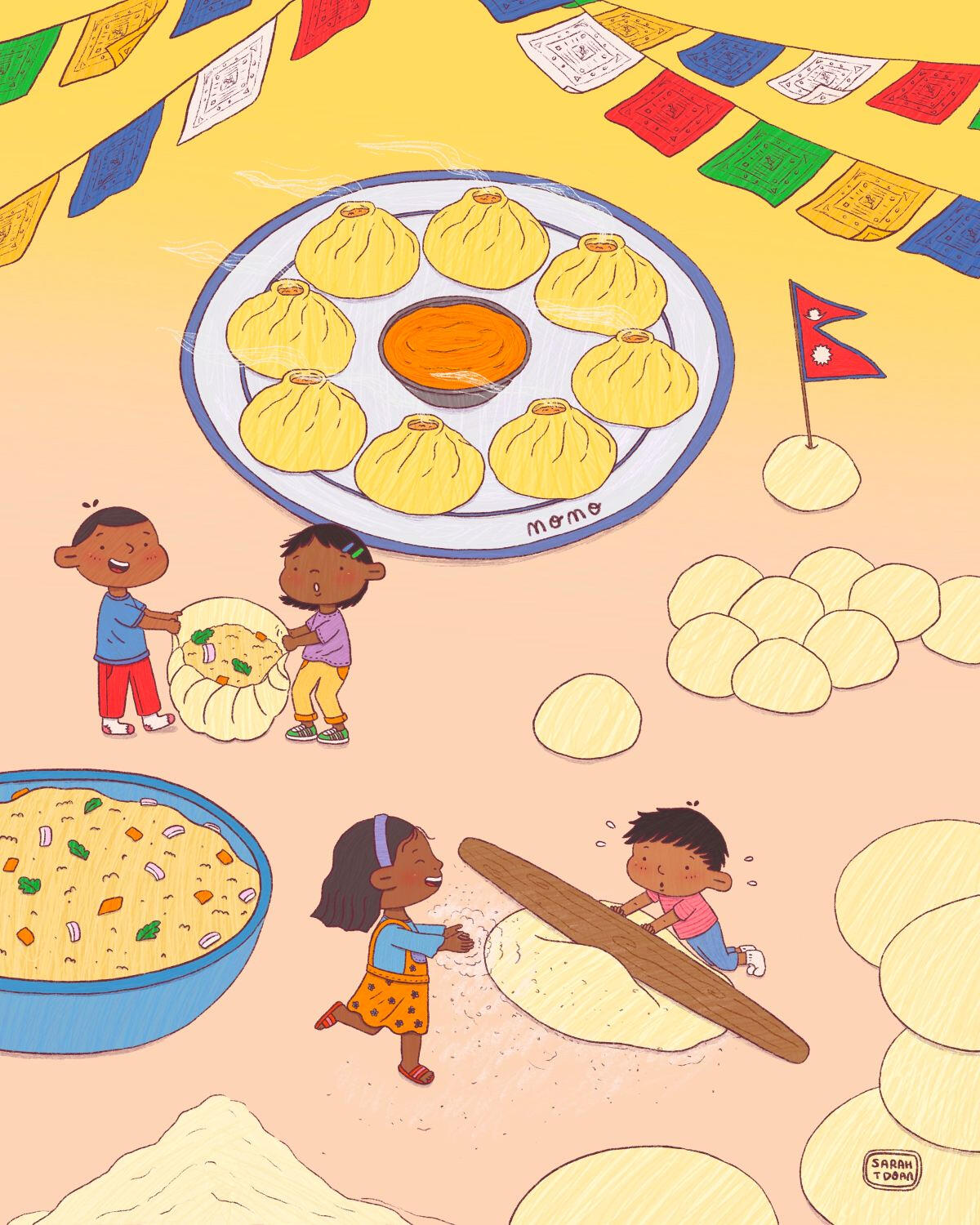 Children's book illustration of Momo, a Nepali momo. This version is a veg momo. There are prayer flags blowing in the wind. Made with procreate.