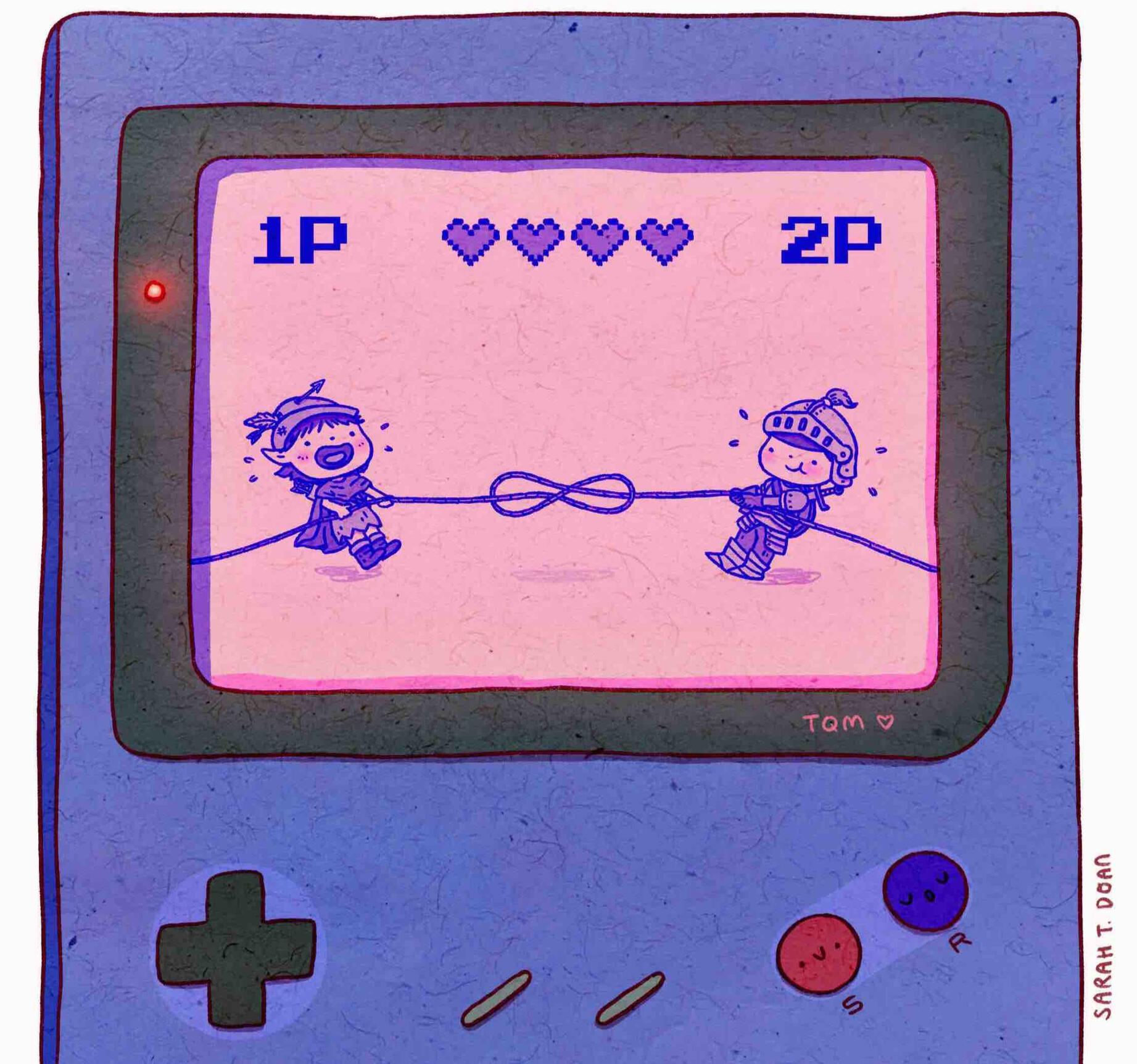Gameboy with illustration of two characters tug of war with 1P and 2P listed on top with four hearts. Purple, pink, blue color scheme