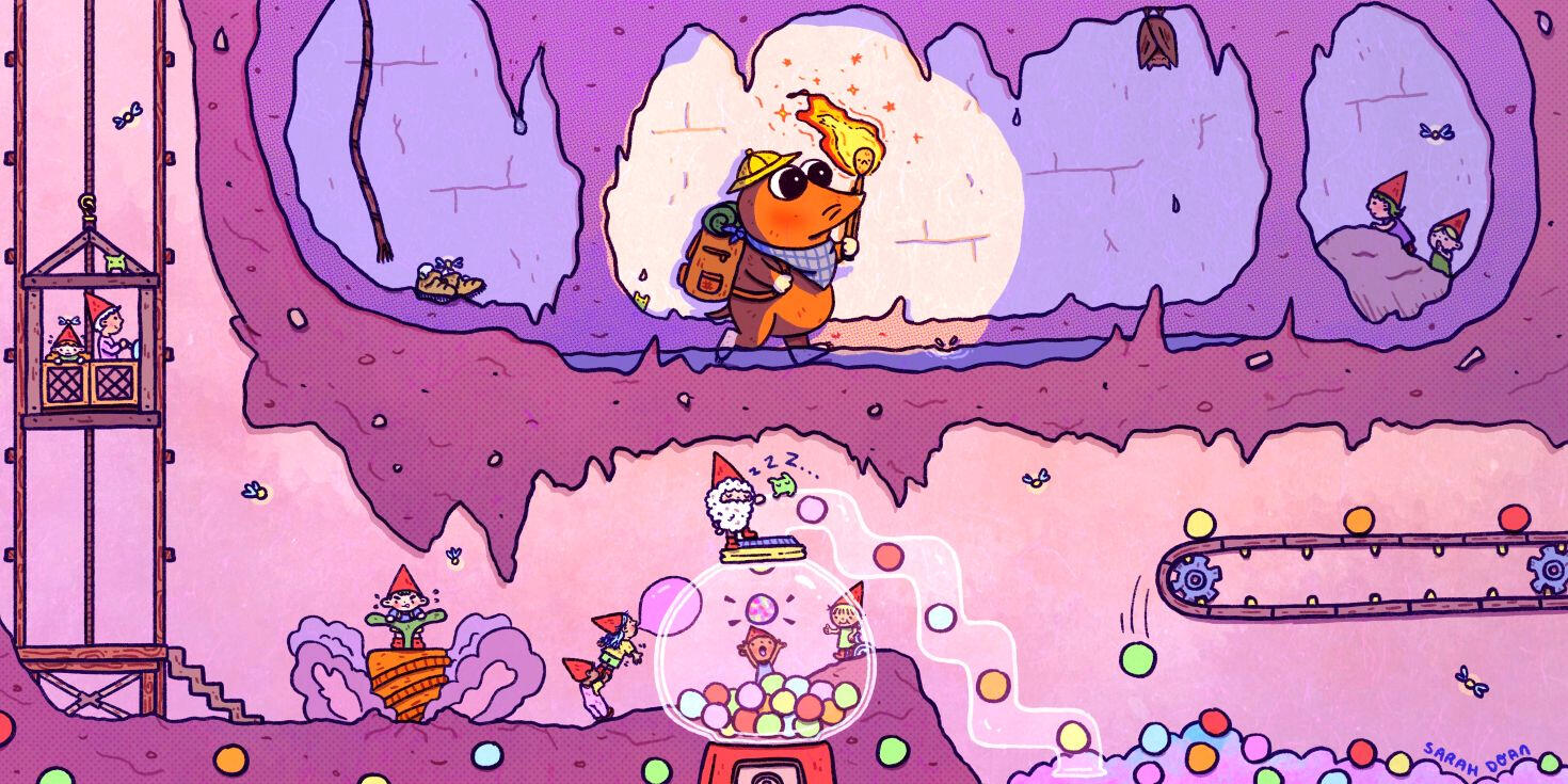Illustration with a gnome holding torch underground. Below the floor they're on there is a bubble gum factory with little gnomes working in it