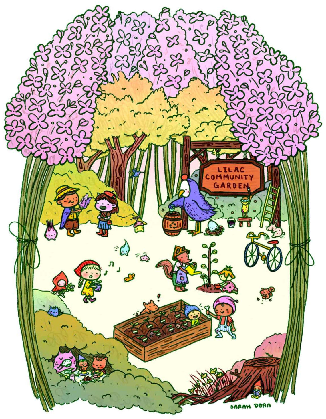 Children's book illustration of a lilac community garden in the spring time. There are creatures and people planting trees, gardening, recycling, and taking care of the garden for earth day