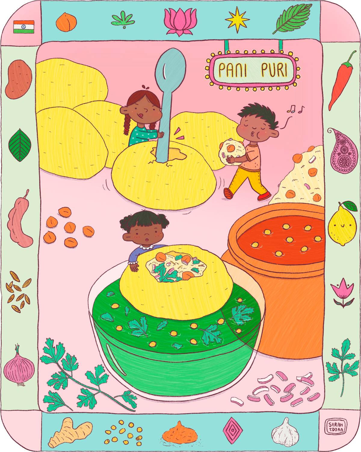 Illustration of Pani Puri assembled by 3 kids shrunken down so that they are as small as the puri. There's a picture frame with ingredients that make up the dish.