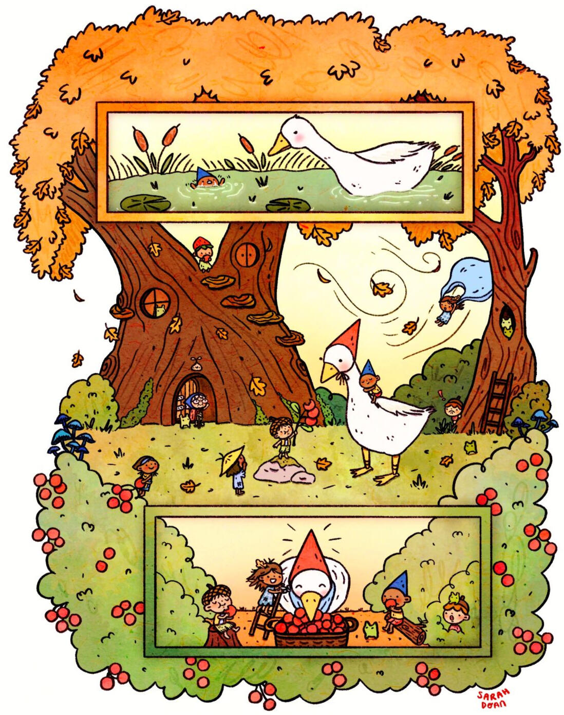 Children's book illustration of a woodland fall scene. There is a panel of a goose on top saving a gnome from drowning. The middle shows a goose being welcome into a gnome town. The third shows a goose eating berries with the gnomes. Illustration is of a f