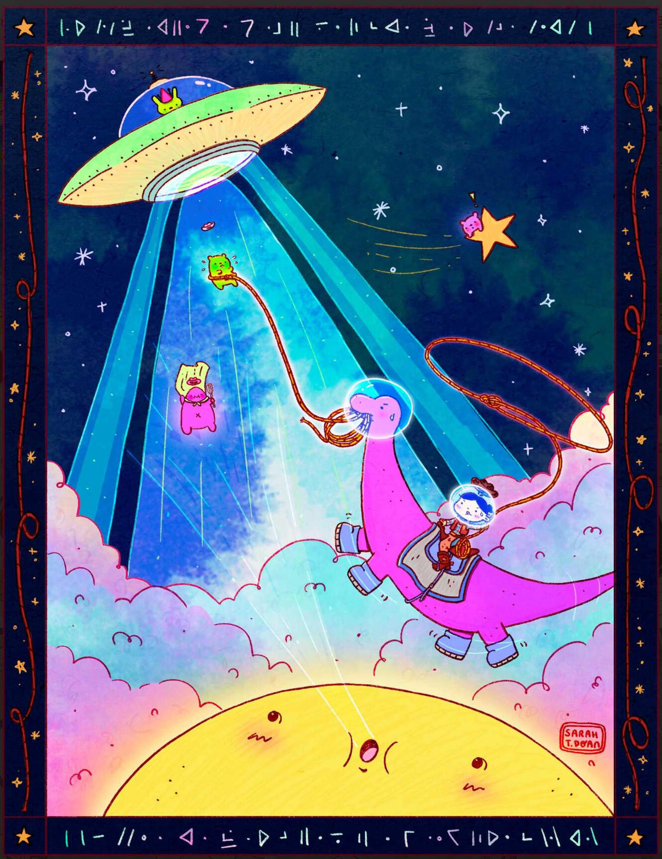illustration of cowboy, dinosaur, in space, ufo, gummy bear, children's book, kidlit, graphic novel, scifi