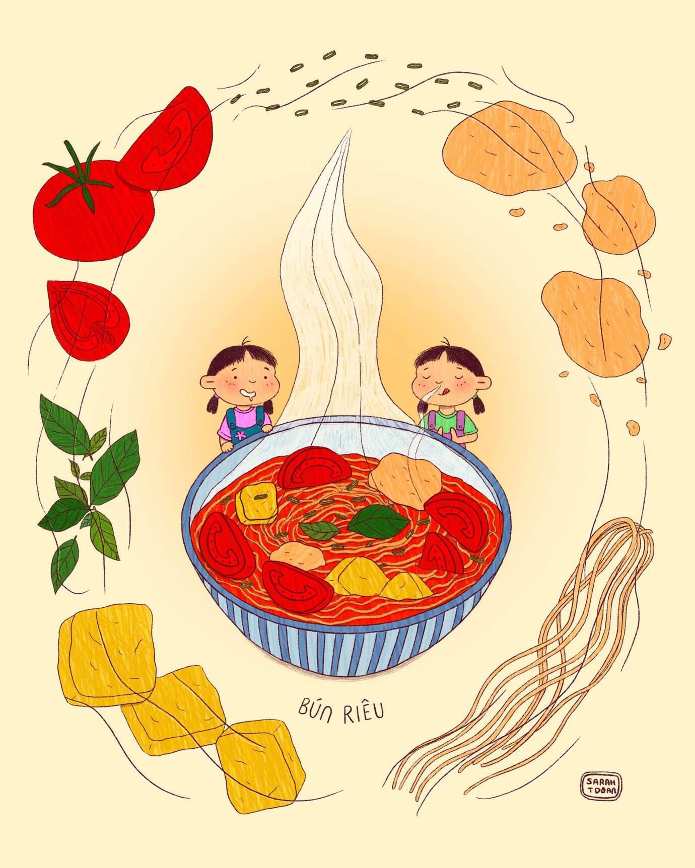 Picture book illustration of Bun Rieu, a Vietnamese noodle soup dish. Twin girls looking at giant noodle soup dish. Ingredients floating around.