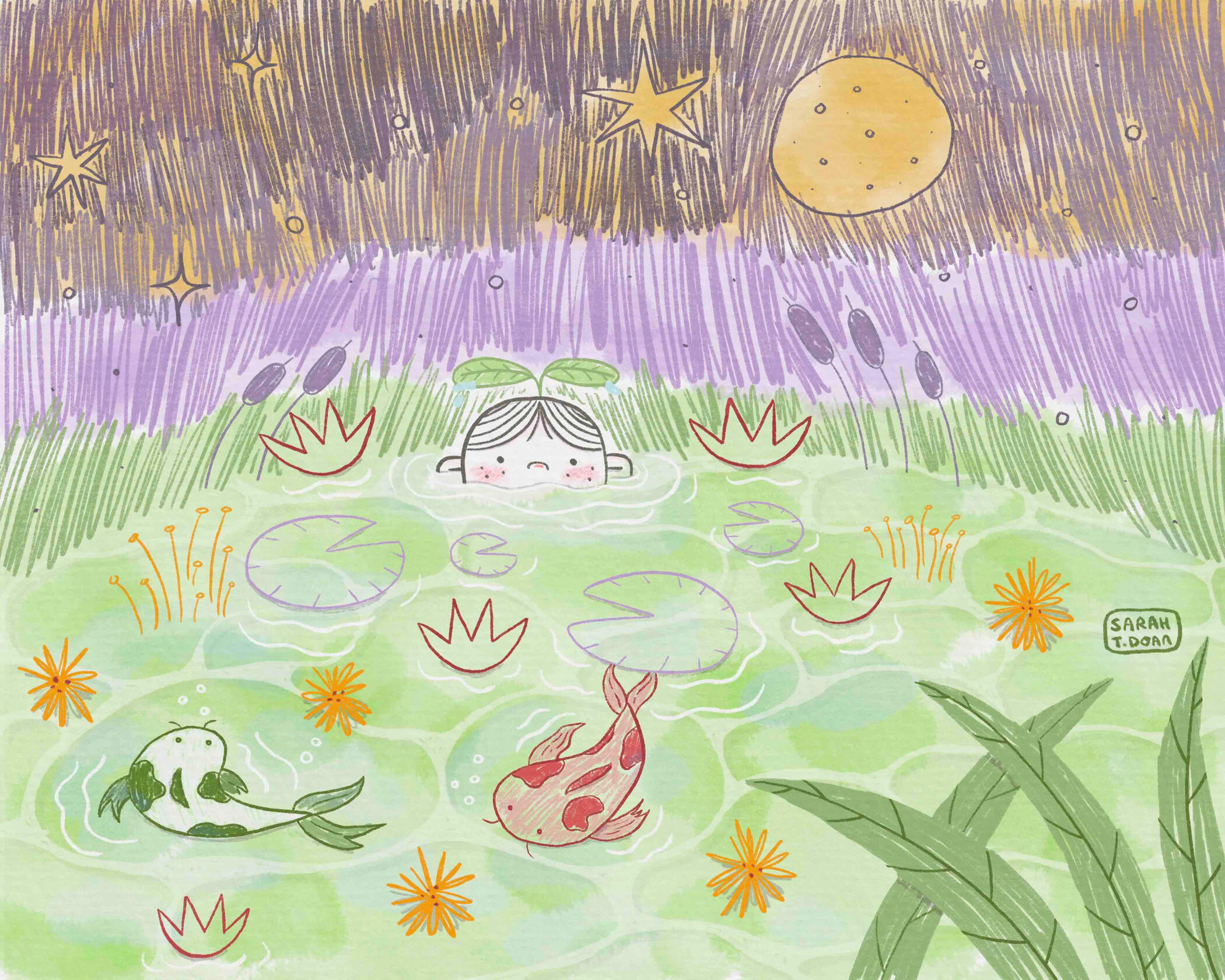 Children's book illustration of Koi Boi, a boy in a pond of koi fish. Digital art.