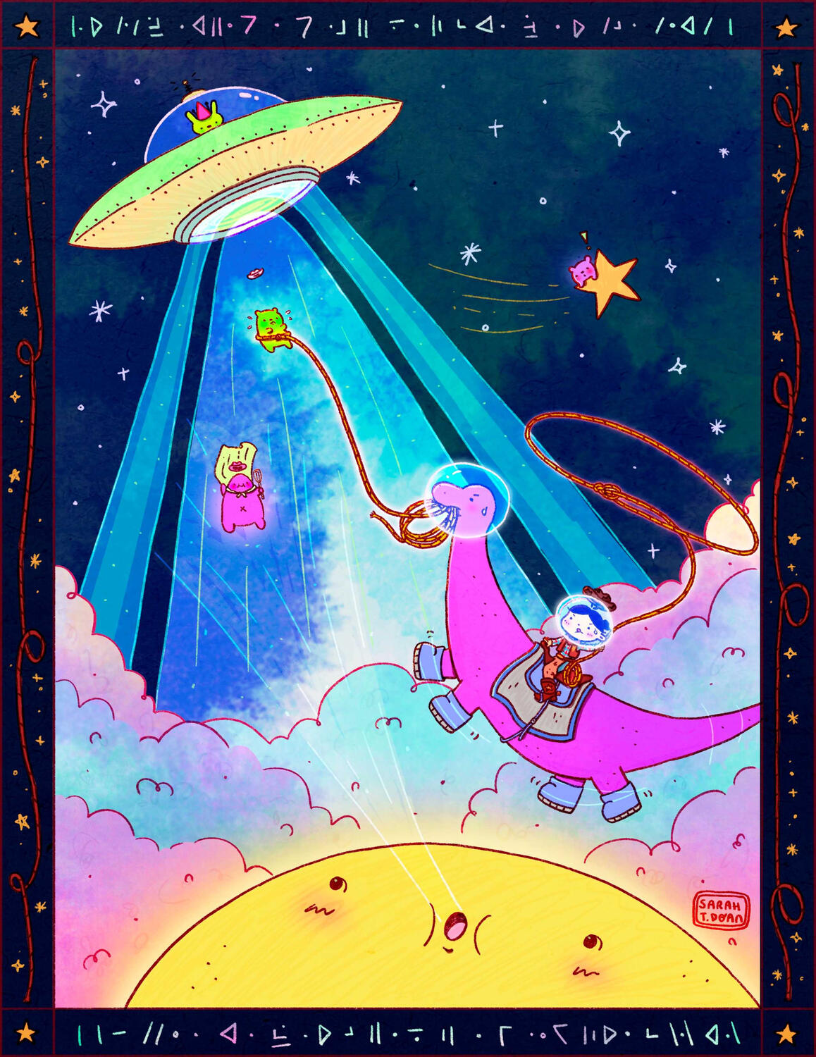 illustration of cowboy, dinosaur, in space, ufo, gummy bear, children's book, kidlit, graphic novel, scifi