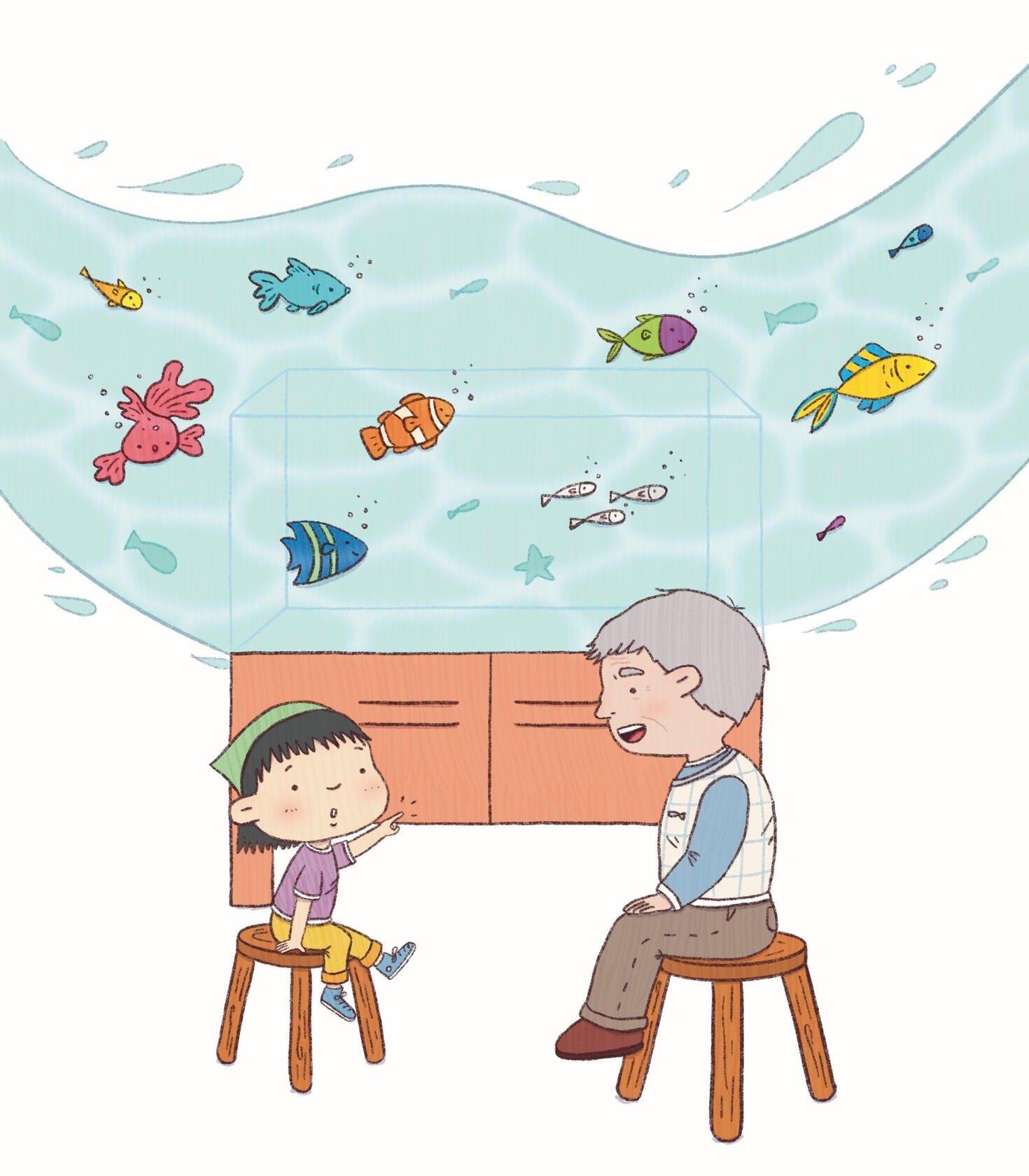 Girl and old man sitting on stools in front of a fish tank. Fish and ocean make up the tank with fish swimming.