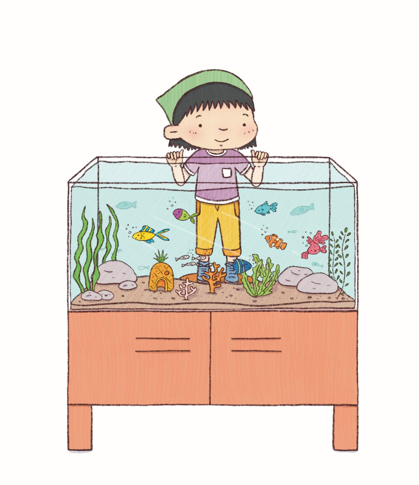 Girl looking down at fish tank. She has black hair and a green bandana. Fish tank is full of various color fishes