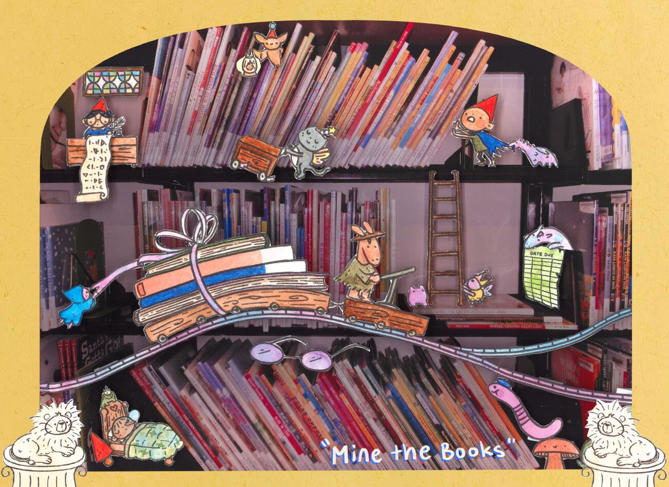 Photo of a library shelf with watercolor collage fantasy librarian characters
