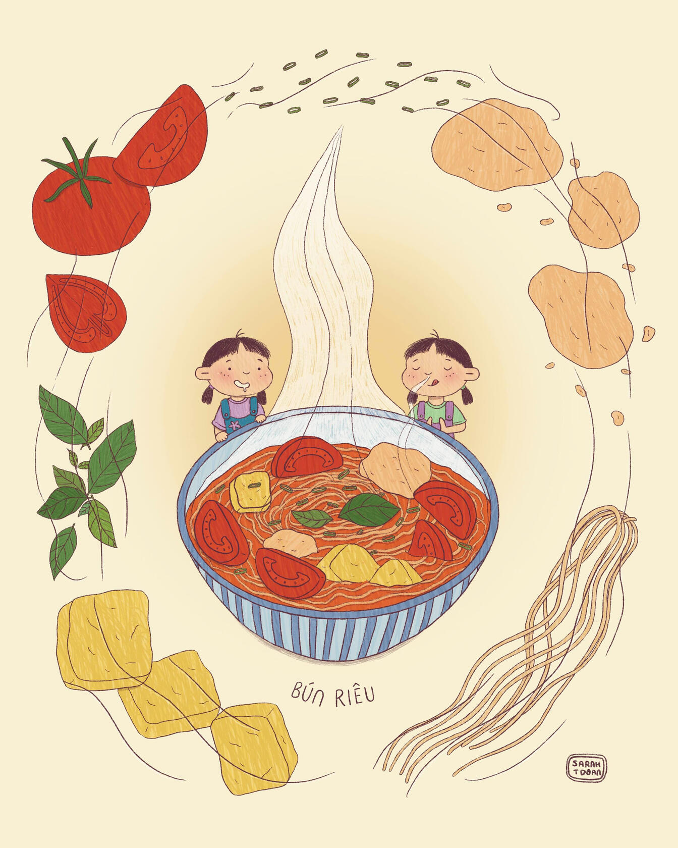 Picture book illustration of Bun Rieu, a Vietnamese noodle soup dish. Twin girls looking at giant noodle soup dish. Ingredients floating around.