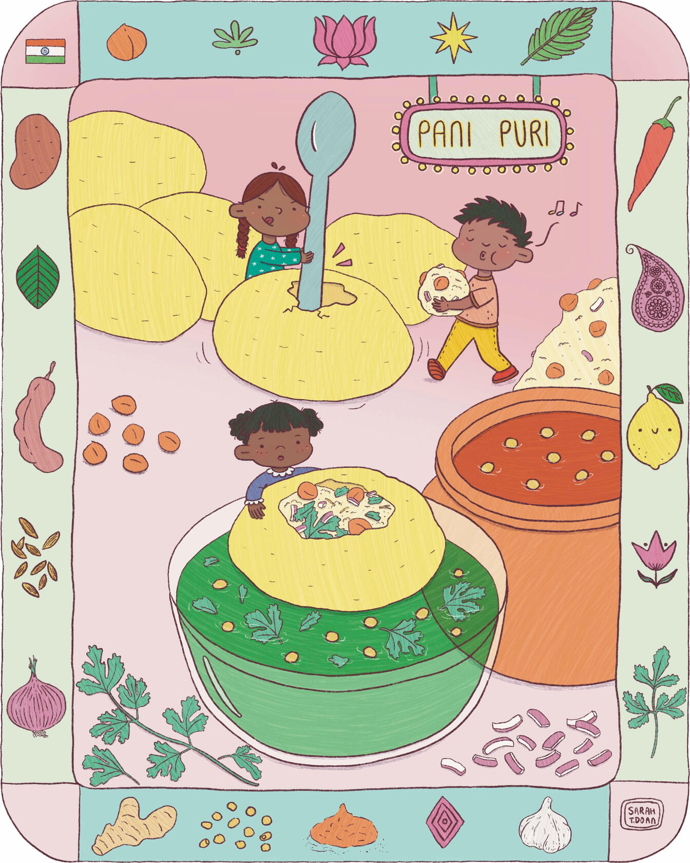 Illustration of Pani Puri assembled by 3 kids shrunken down so that they are as small as the puri. There's a picture frame with ingredients that make up the dish.