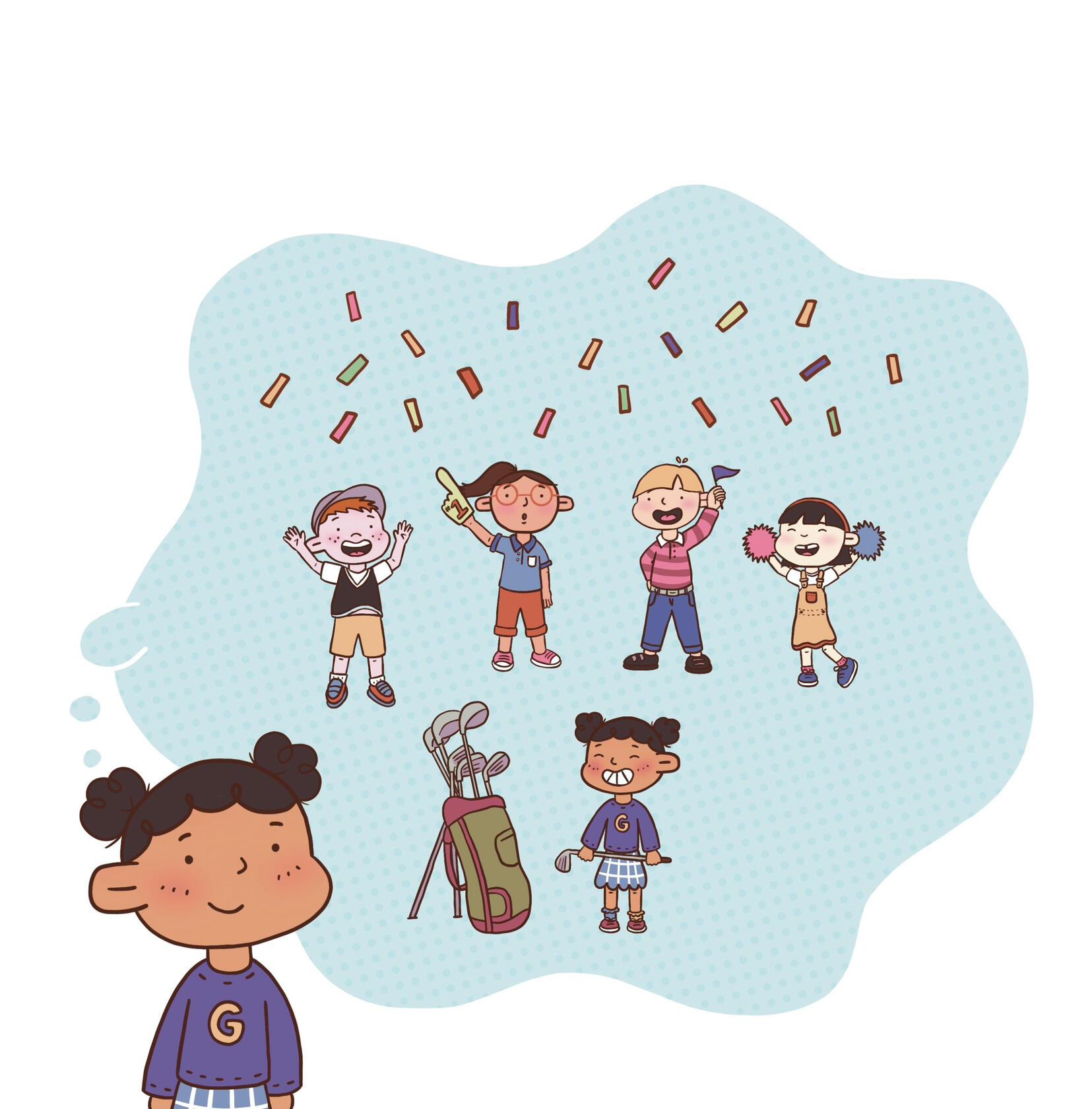 Illustration of a girl imagining her four friends celebrating her golf clubs. There is confetti and kids cheering for Gracie (main girl)