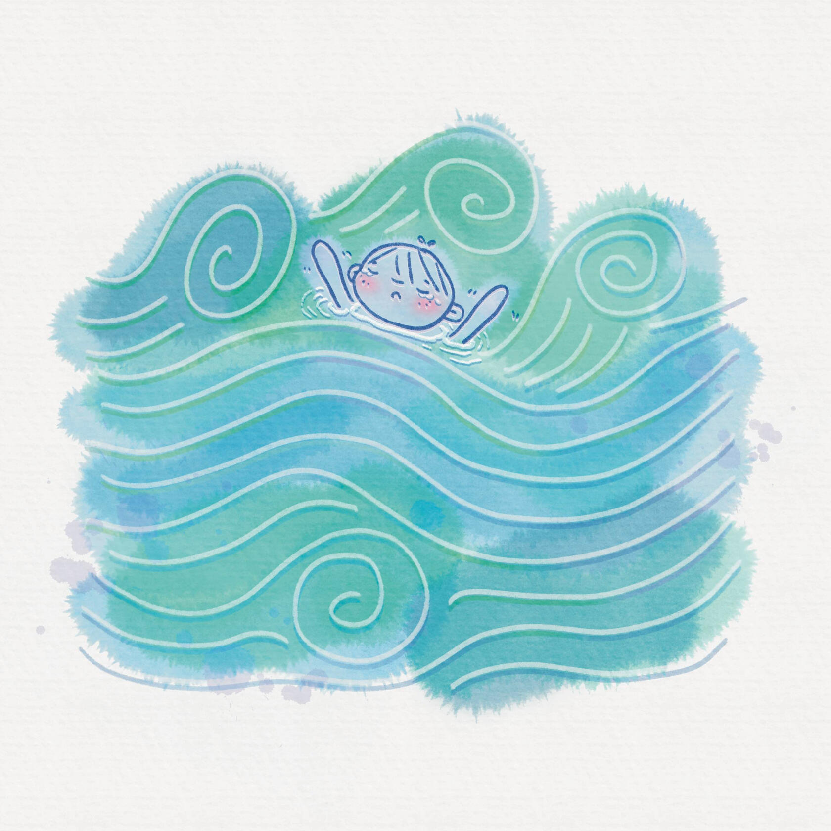 Illustration of a person in the ocean. It appears that they are drowning. Blue green purple colors with watercolor effect