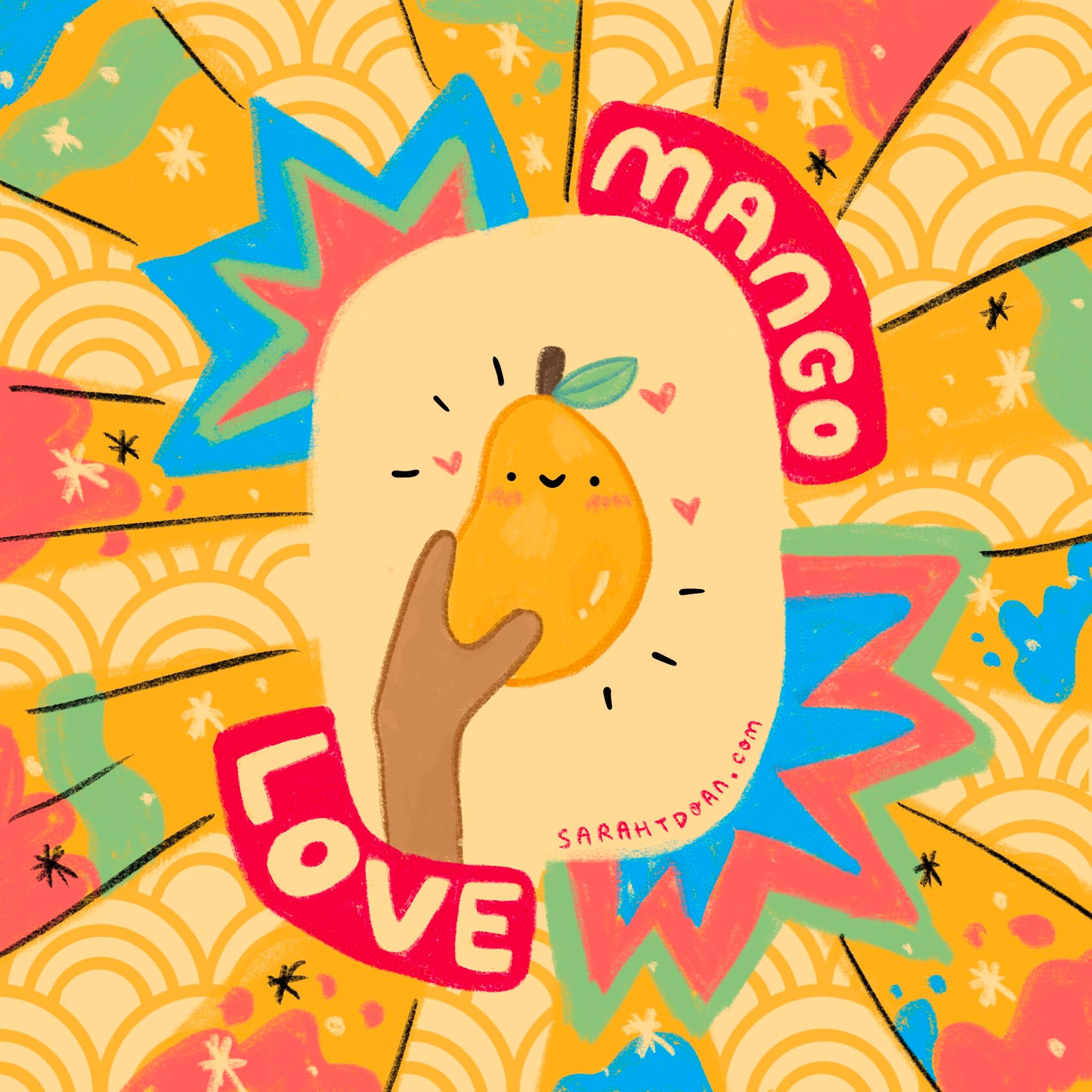 large juicy yellow-orange mango is held by a hand. "Mango Love" is written around the mango image in light  yellow on a bright pink block. Mango has a smiley face and blushing cheeks. Yellow, blue, and pink colors and Japanese circle pattern in background