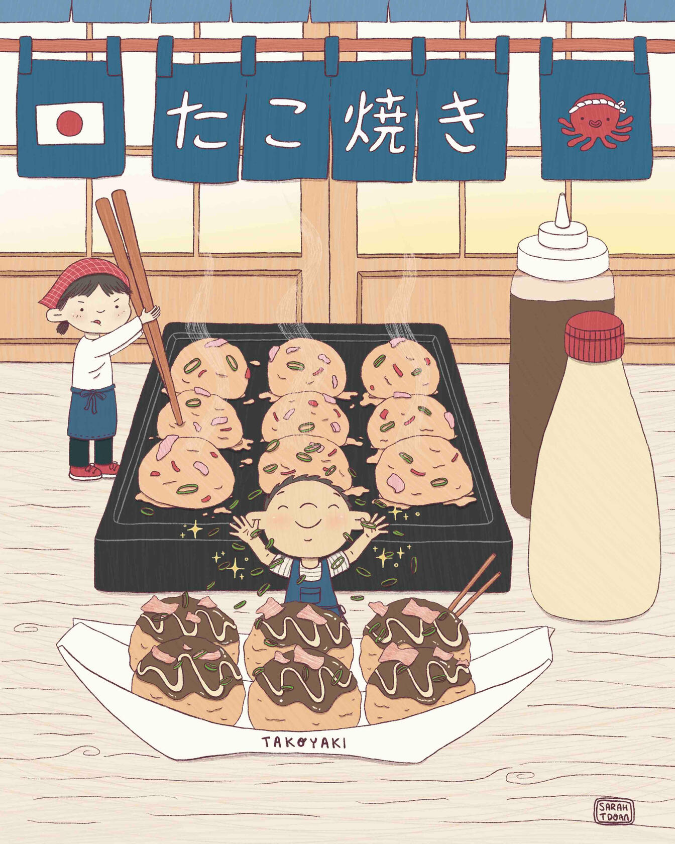 Takoyaki illustration, a savory snack from Japan in the style of children's book illustration. Two kids making dish and are shrunken down so they are tiny.