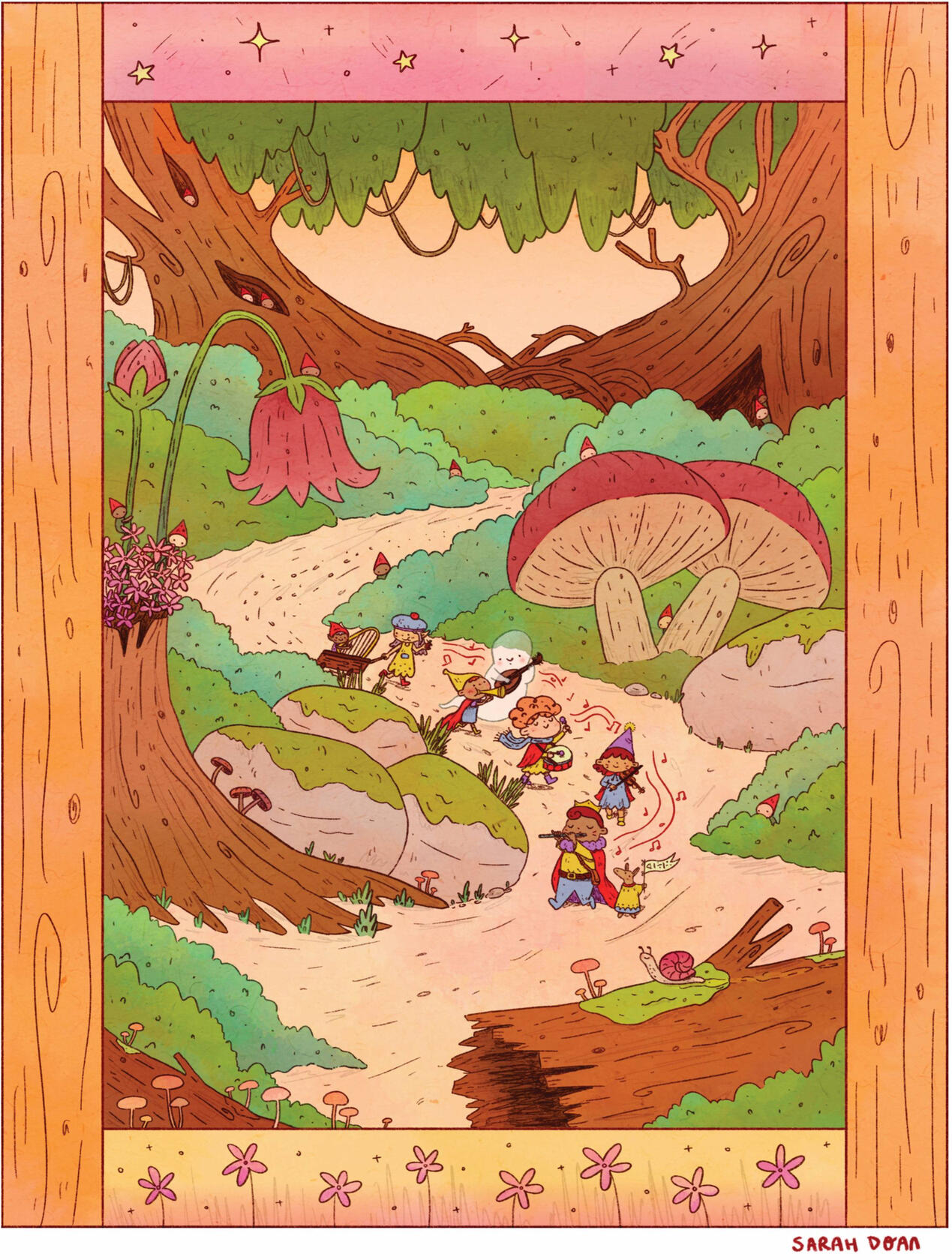 graphic novel illustration of music nomads walking through a fantasy forest, once up on a time