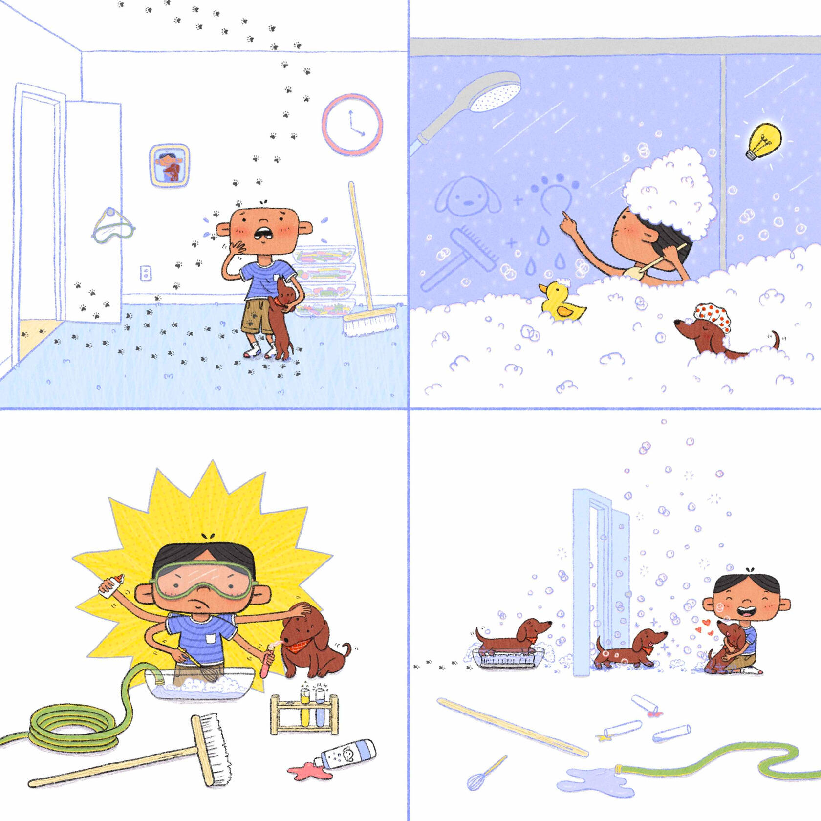 Comic with four panels of boy and his pet dog (dachshund). He creates an invention to clean the puppy's paws after finding a mess of paw prints