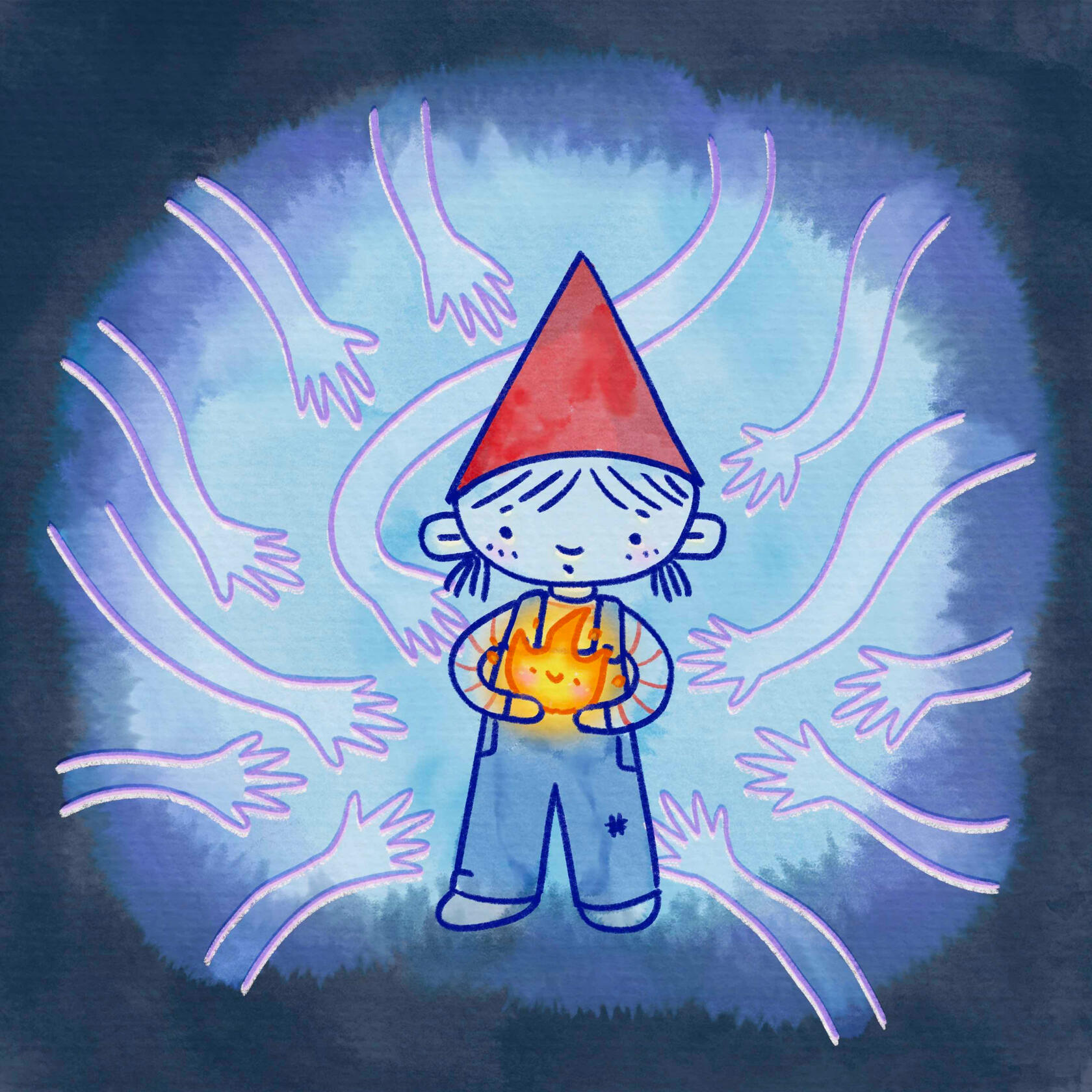 Illustration of a girl with a gnome hat holding a fire. There are ghostly hands reaching for the fire. Halloween theme digital art.