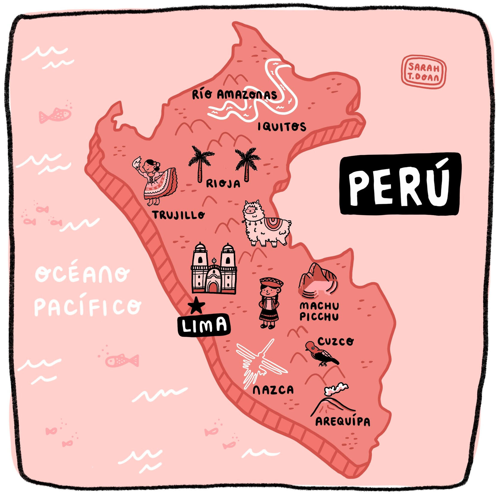 Perú map with various cities and drawings on each city. Contains lots of pink colors, white and black. Features the Pacific Ocean and various cities including: Lima, Trujillo, Rioja, Iquitoas, Rio Amazonas, Machu Picchu, Cuzco