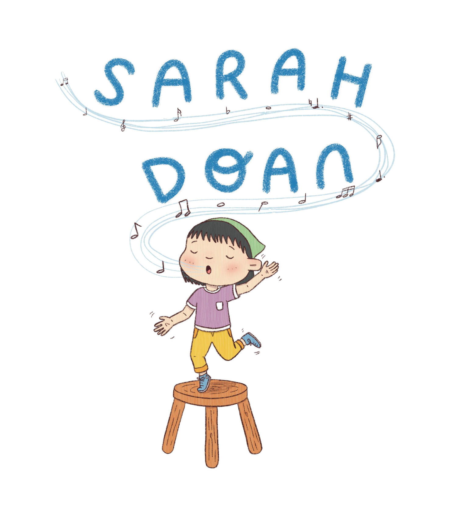 Illustration of a girl singing on a stool with musical notes. The notes make a swirl and the name Sarah Doan is written between the swirls.