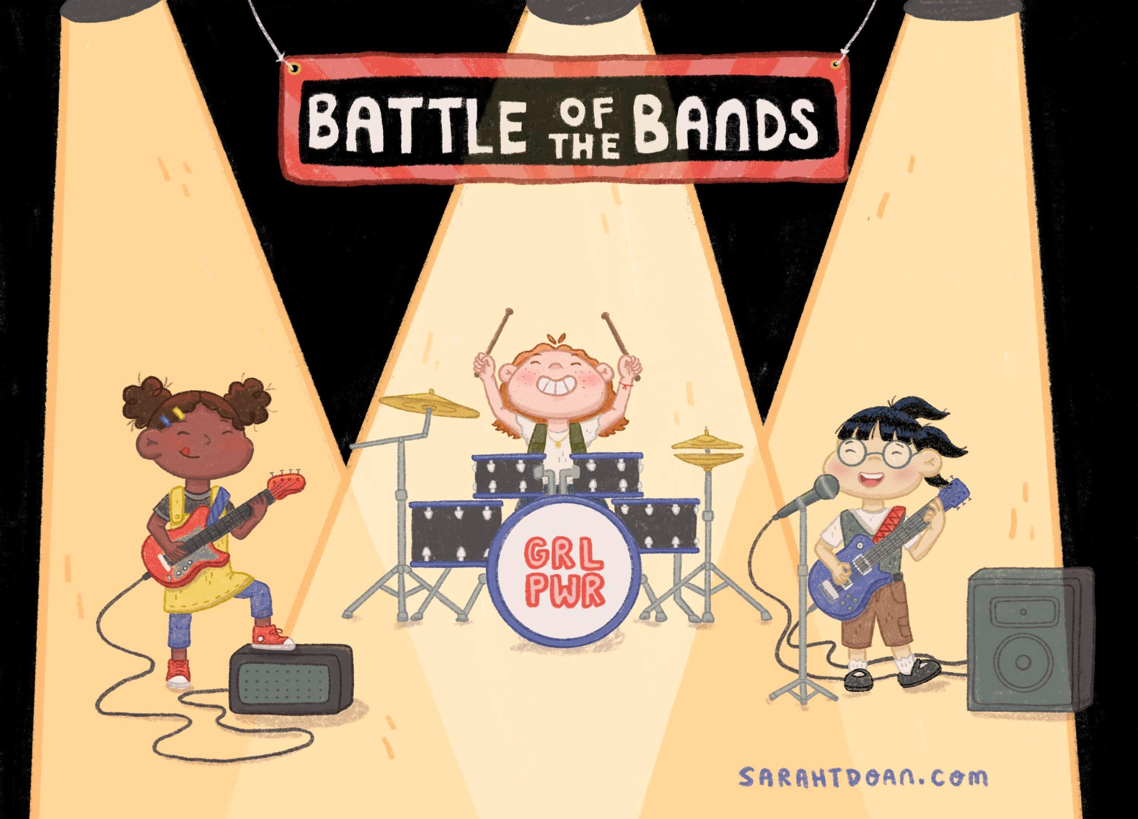 Children's style illustration of three girls playing guitar, drums, and bass in a rock band with a "Battle of the Bands" sign above. The drumset show "GRL PWR" the name of their band.