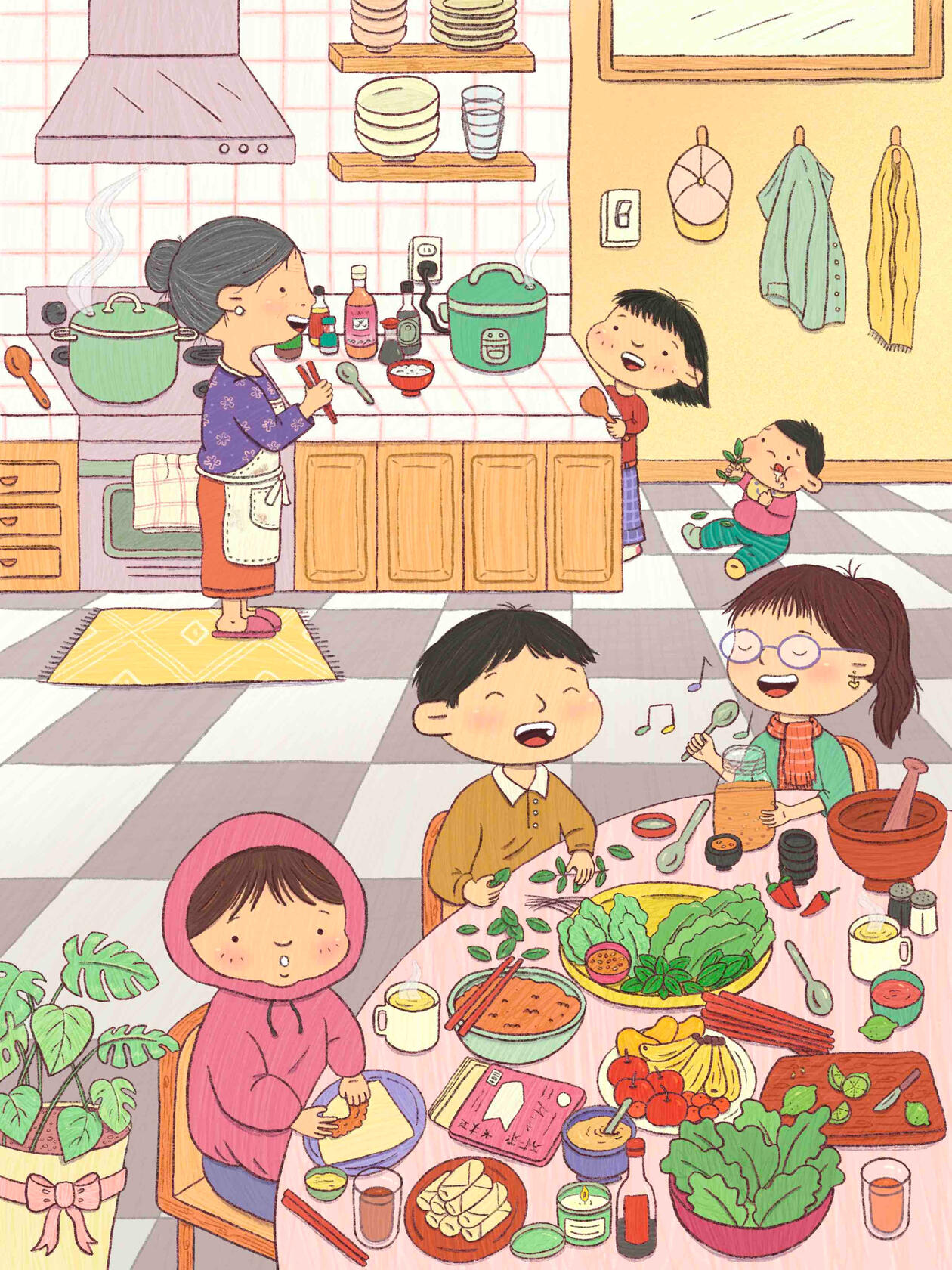 Holiday illustration of a family in kitchen making the holiday meal. People are laughing, Grandma is in the kitchen looking at her grand children